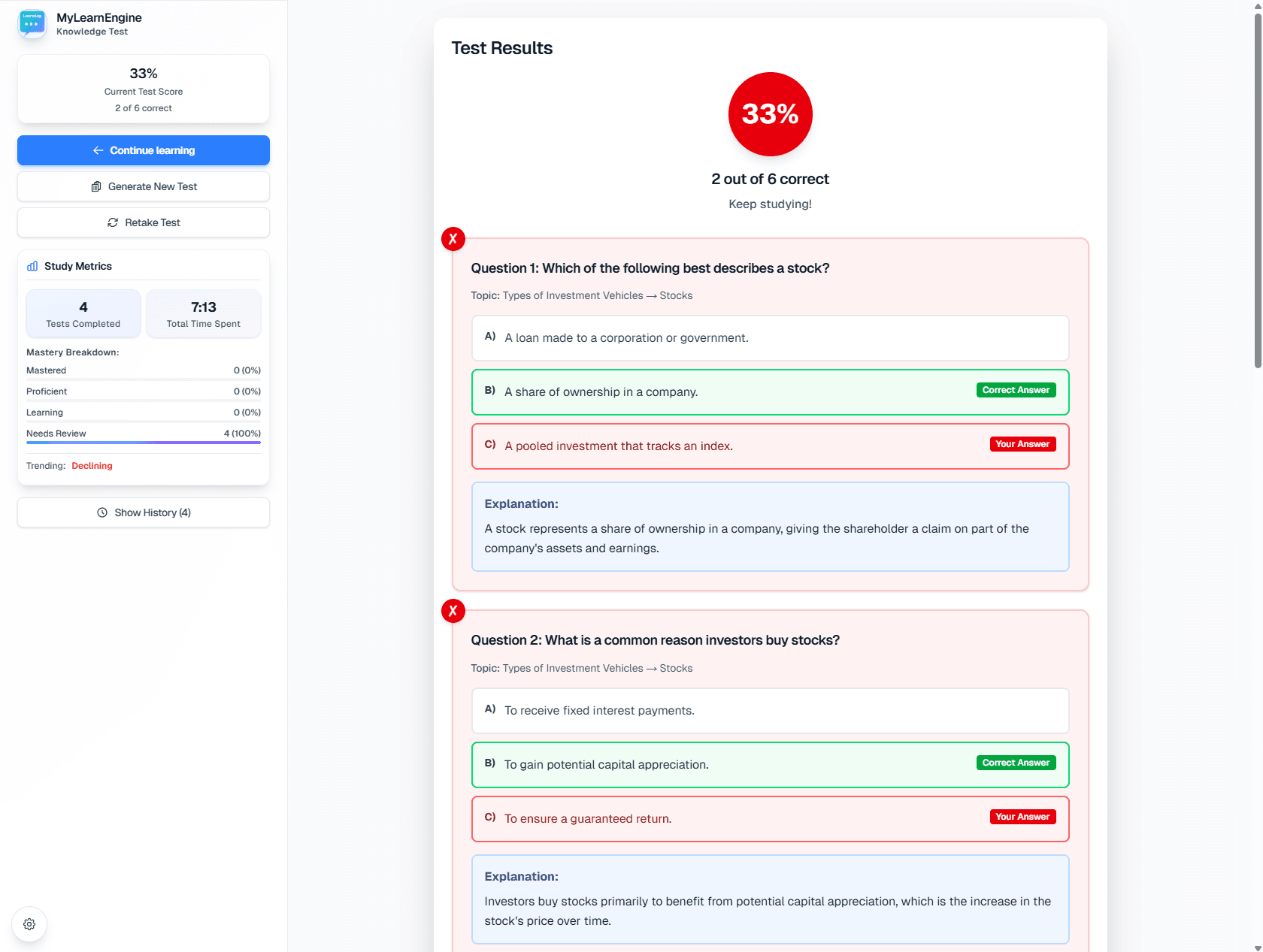 Review test results with detailed explanations